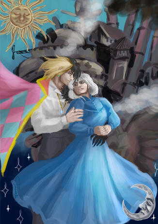 Tässä: värillinen, kaksi hahmoa (toinen -50%), kokovartalo, monimutkainen tausta